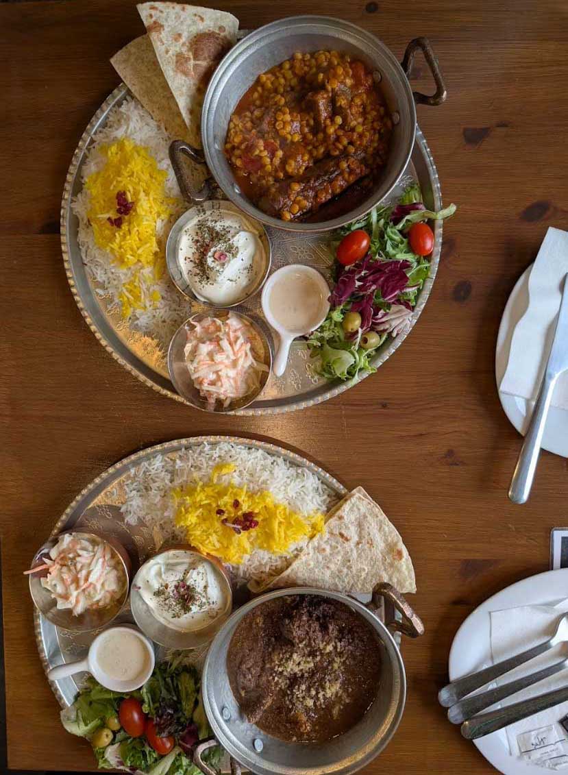 Cafe Tehran offers large platters of Persian food, each with rice, stews and side dishes.